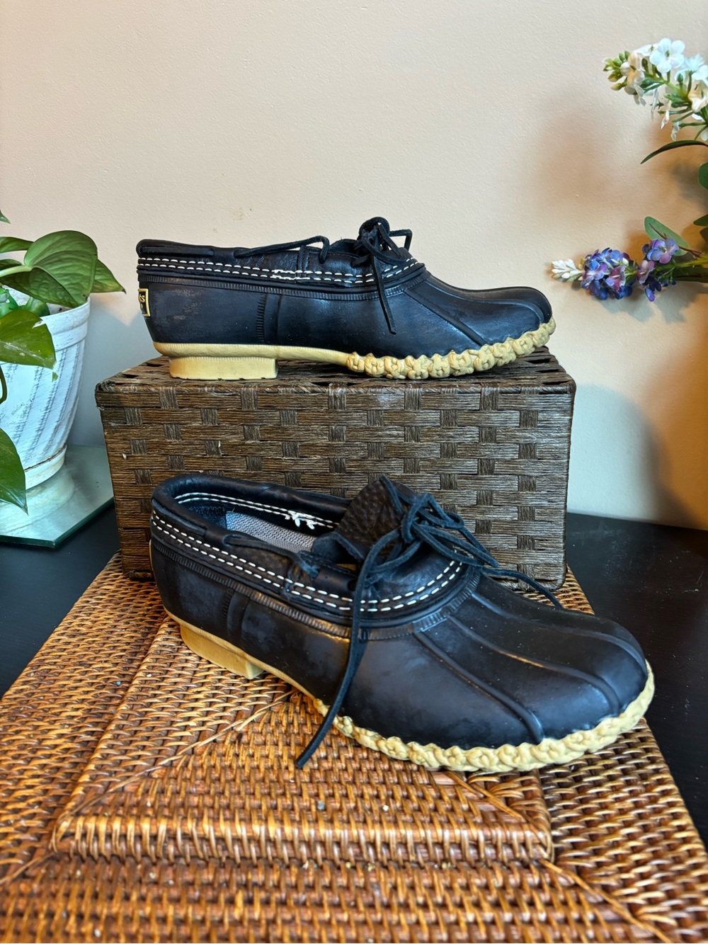 L.L. Bean Rubber Moc Booties Moccasins Black Leather Made in USA Size 8M
